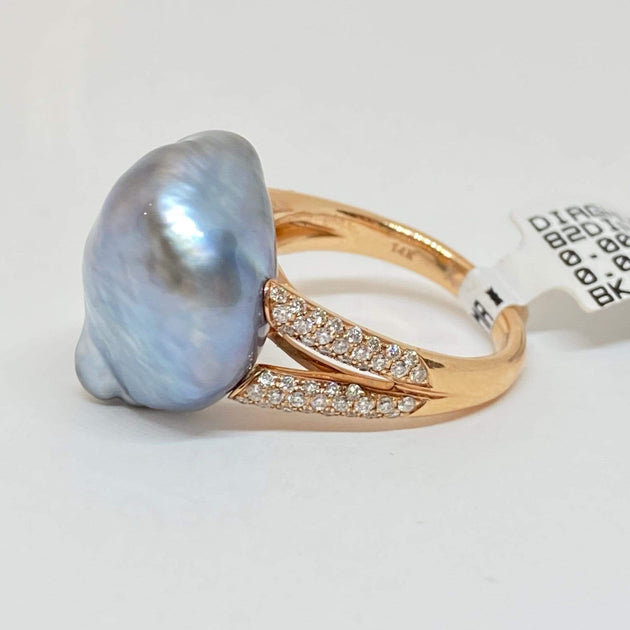 14KR Silver Grey Baroque Keshi Tahitian Pearl Rose Gold Ring .47ctw