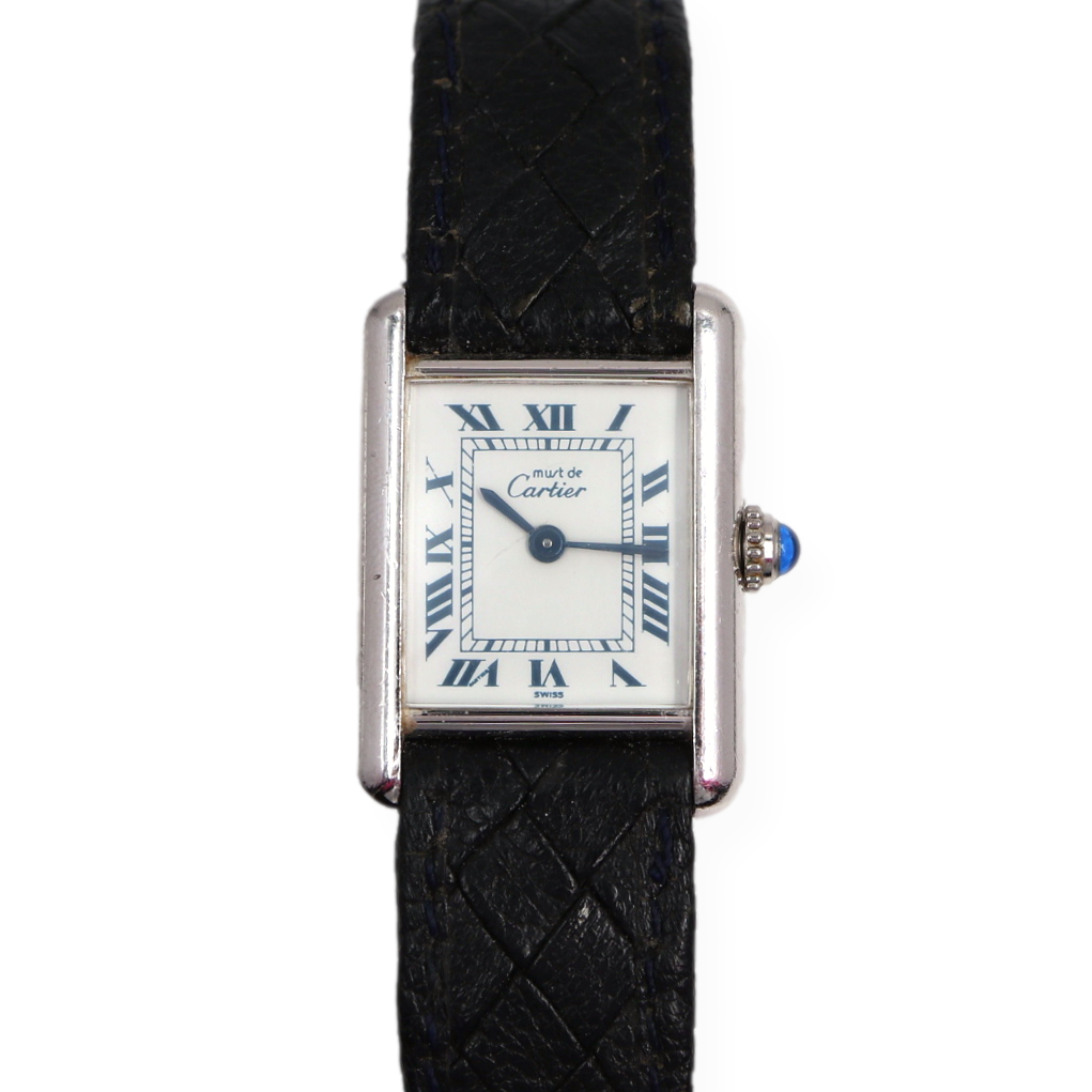 Pre Owned Cartier Must Tank Small 1988 In Sterling Silver Blue